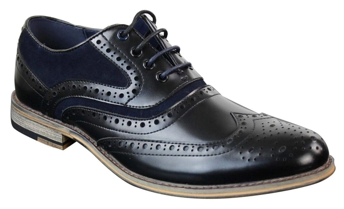 Mens Classic Navy Suede Oxford Brogue Shoes in Black Leather - Upperclass Fashions 