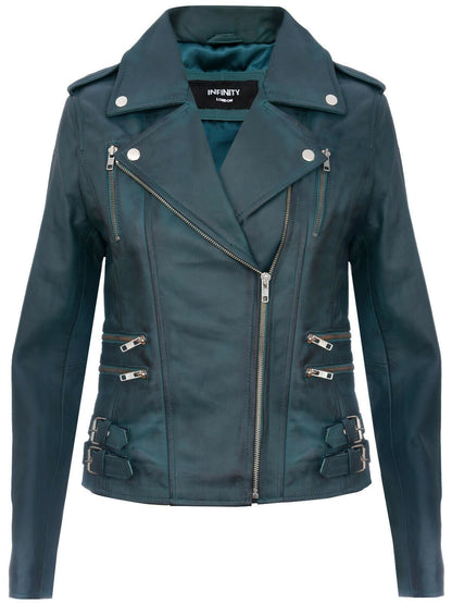 Womens Leather Brando Biker Jacket-Loddon