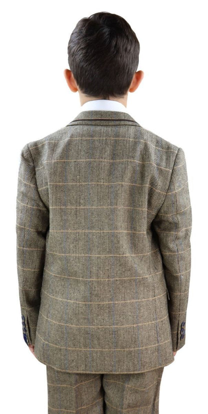 Boys 3 Piece Tan Brown Herringbone Tweed Check Classic  Suit
