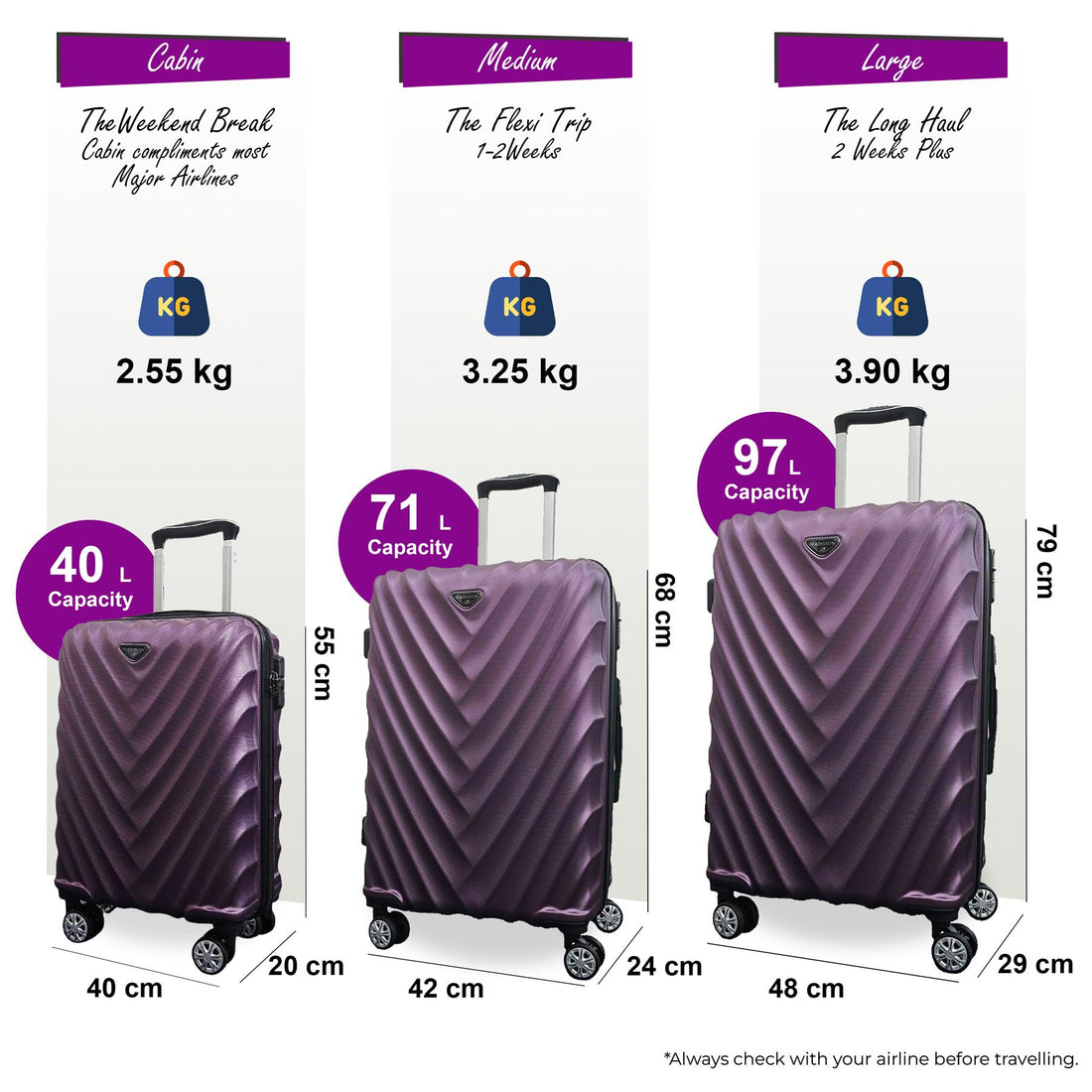 Chatom Set of 3 Hard Shell Suitcase in Purple