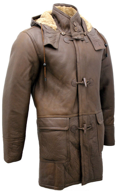 Mens Brown Sheepskin Leather Hooded Duffle Coat-Leatherhead - Upperclass Fashions 