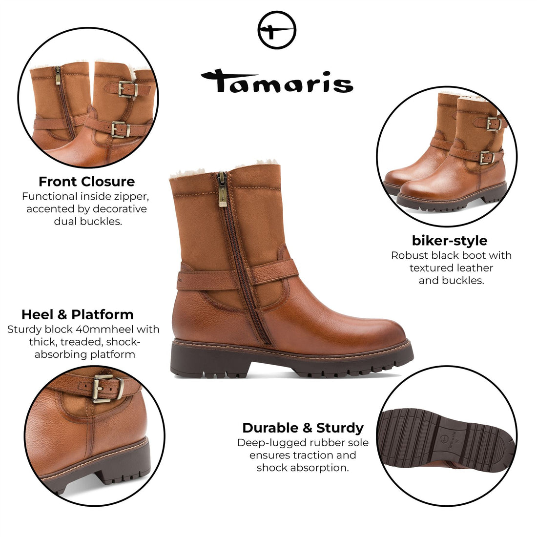 Tamaris Womens Winter Cognac Tan Brown Leather Buckle Zip Biker Ankle Boots