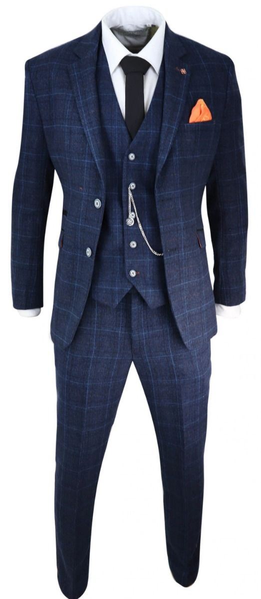 Mens 3 Piece Navy Blue Tweed Check Vintage Retro Classic Suit