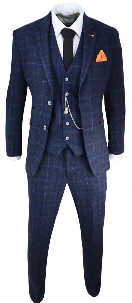 Mens 3 Piece Navy Blue Tweed Check Vintage Retro Classic Suit - Upperclass Fashions 