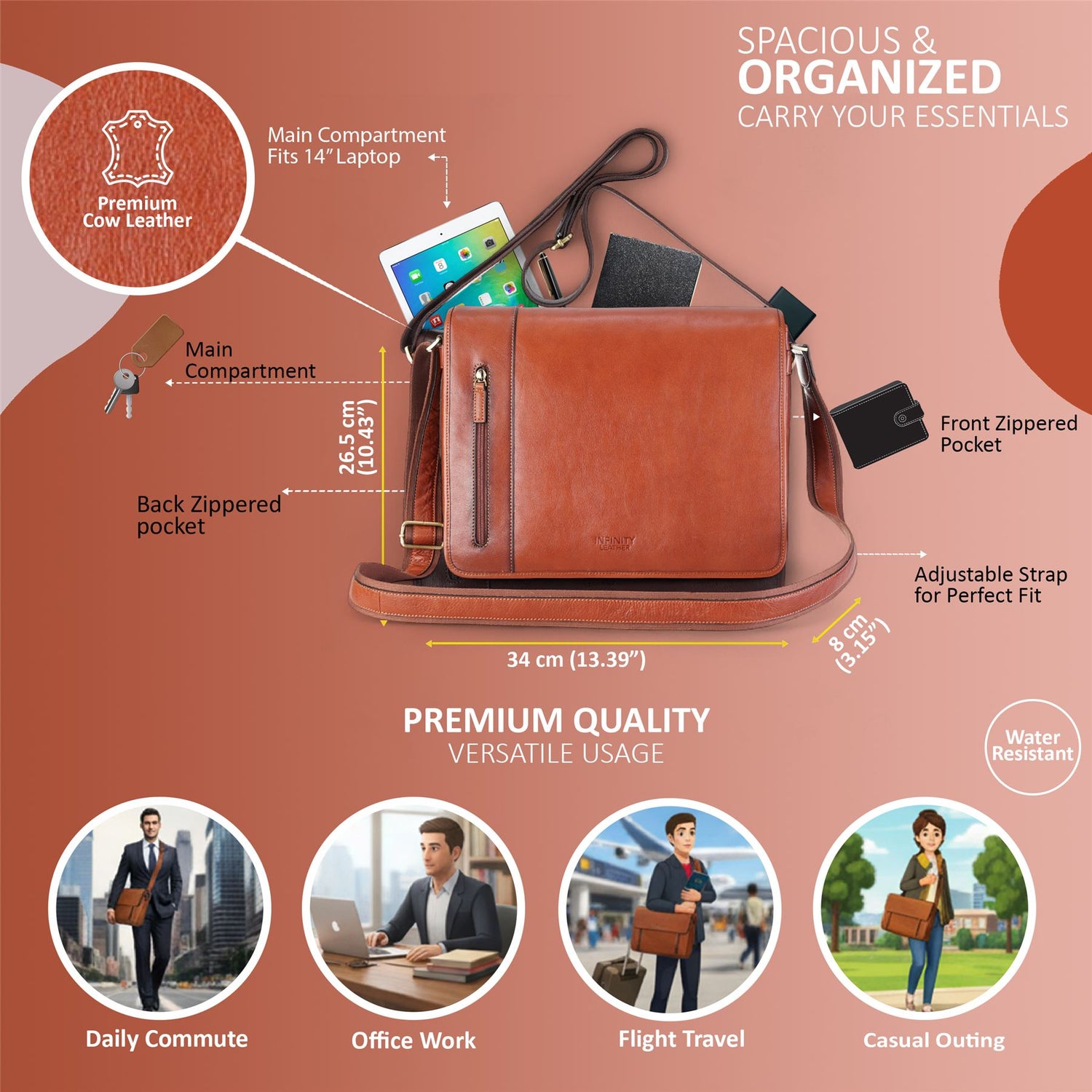 Genuine Leather Tan Laptop Satchel Messenger Shoulder Bag - Astor