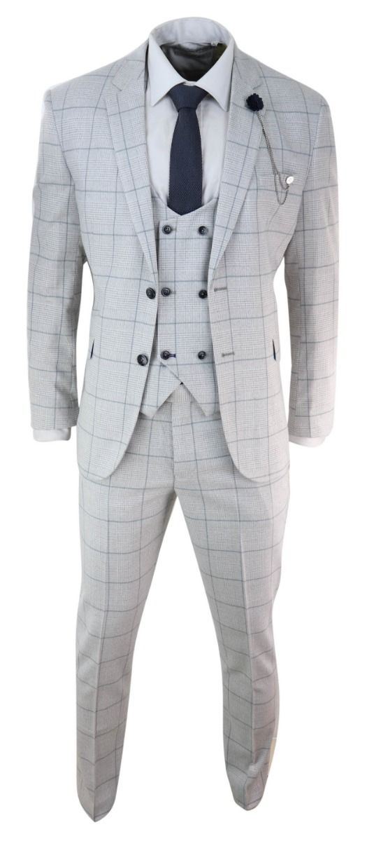 Mens 3 Piece Light Grey Check Tweed Vintage Retro Classic Suit - Upperclass Fashions 