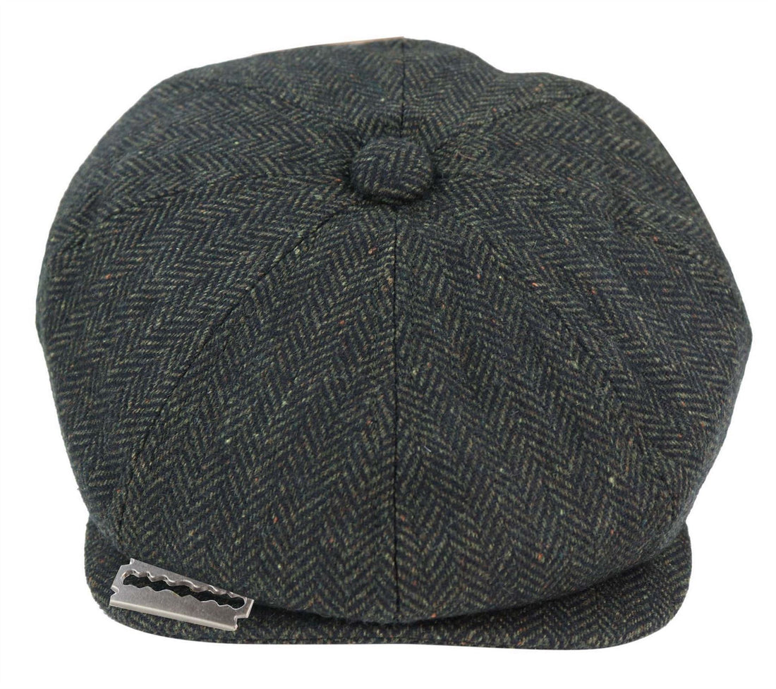 Mens Peaky Blinders Tweed Gatsby Flat Baker Hat With Razor Blade