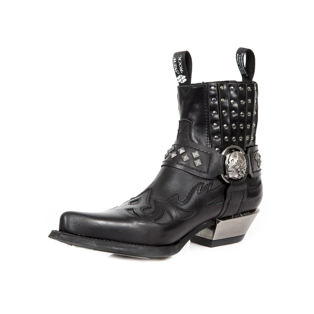 New Rock Studded Black Leather Western Biker Boots-7950-S1 - Upperclass Fashions 