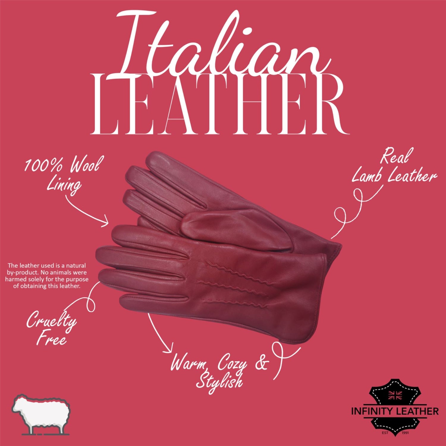 Womens Italian Leather Winter Stitch Line Design Soft Wool Lining Gloves