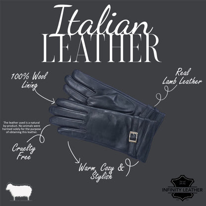Womens Italian Leather Winter Buckle Soft Wool Lining Gloves - L-GLV-601