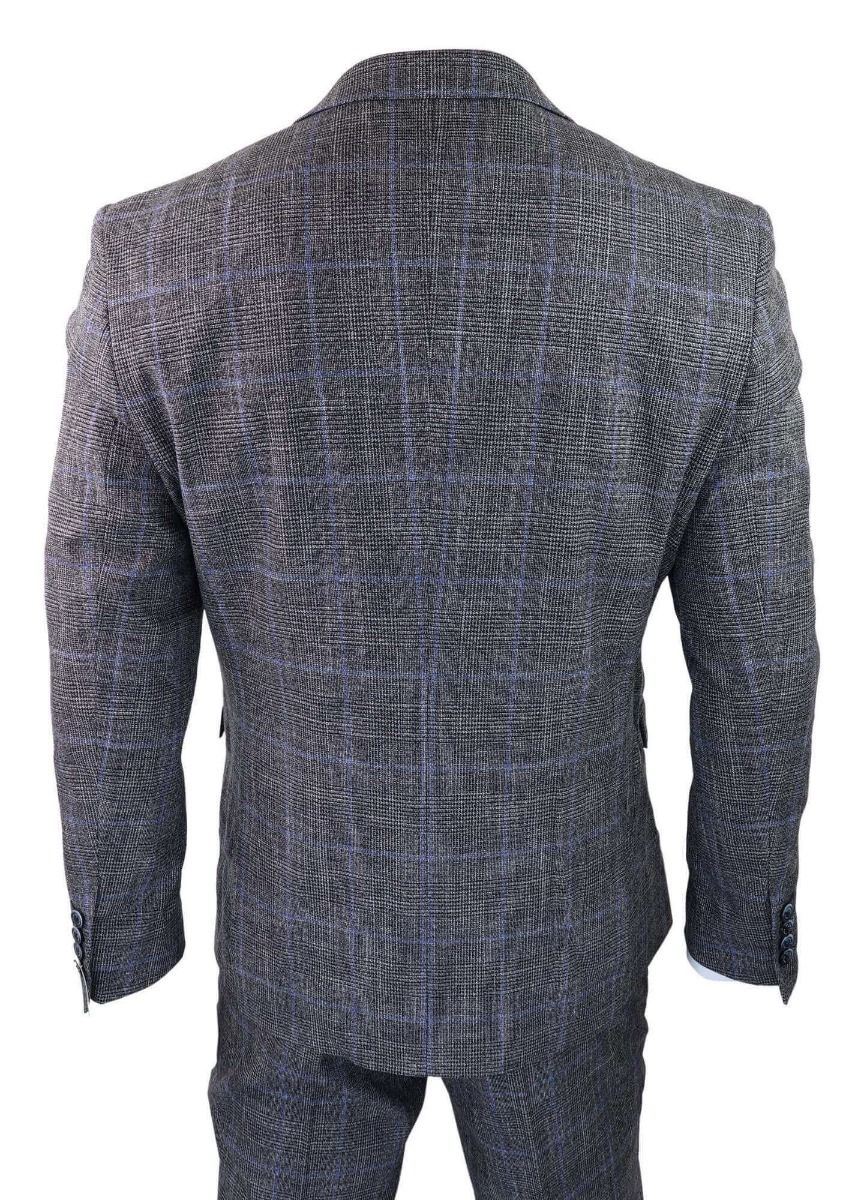 Mens 3 Piece Grey With Blue Check Tweed Vintage Classic Suit
