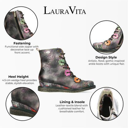 Laura Vita Ercnaulto 212 Grey Floral Womens Gothic Victorian Leather Ankle Heeled Boots