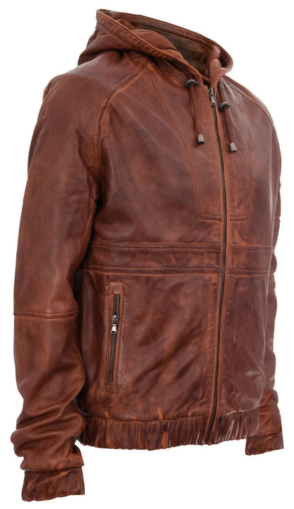 Mens Leather Hooded Bomber Jacket-Chorley