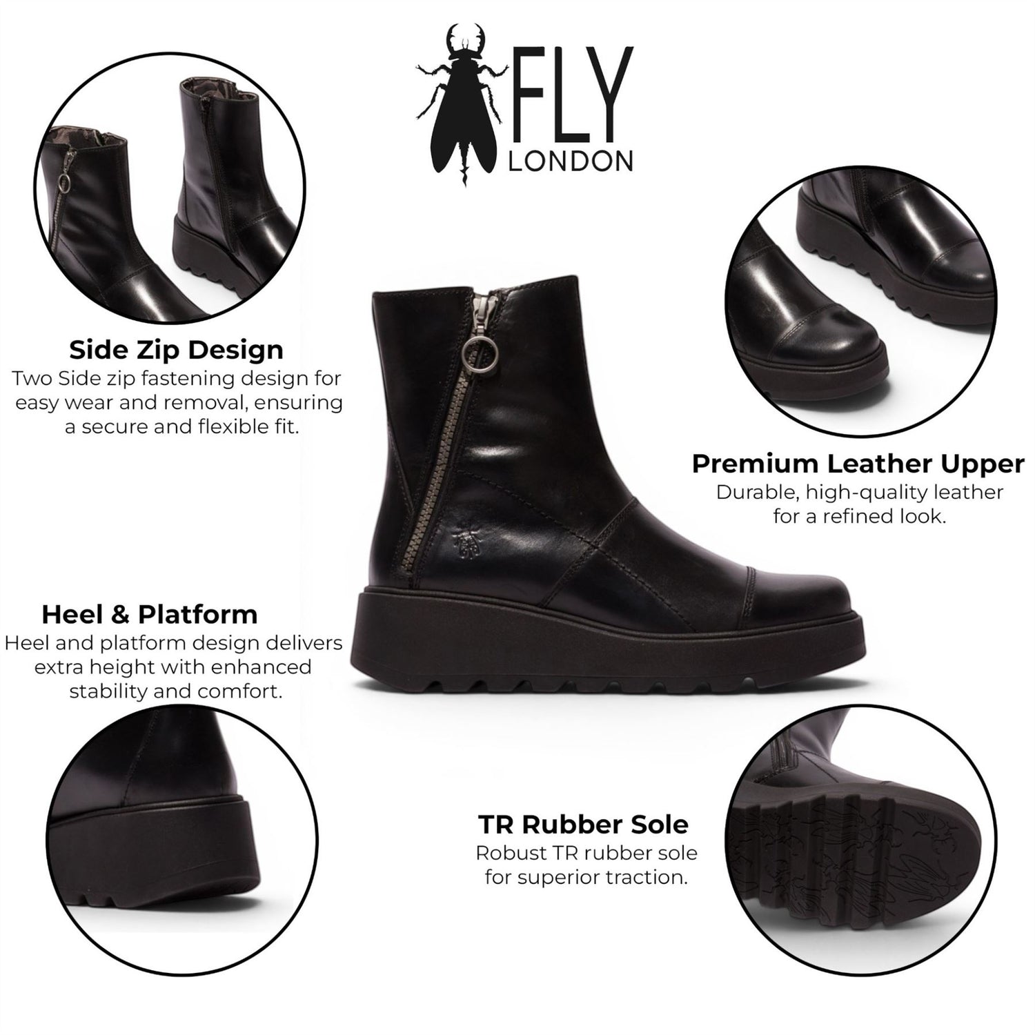 Fly London Women’s Black Leather Zip-up Platform Ankle Boots - TARP553FLY