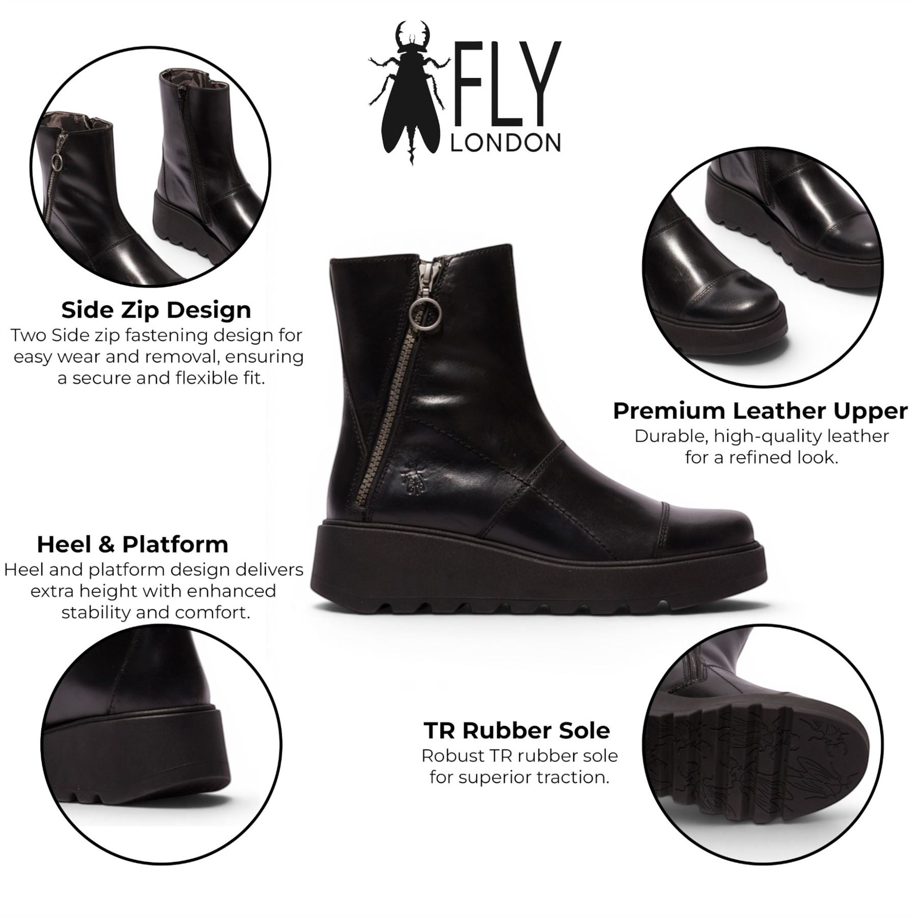 Fly London Women’s Black Leather Zip-up Platform Ankle Boots - TARP553FLY