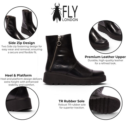 Fly London Women’s Black Leather Zip-up Platform Ankle Boots - TARP553FLY