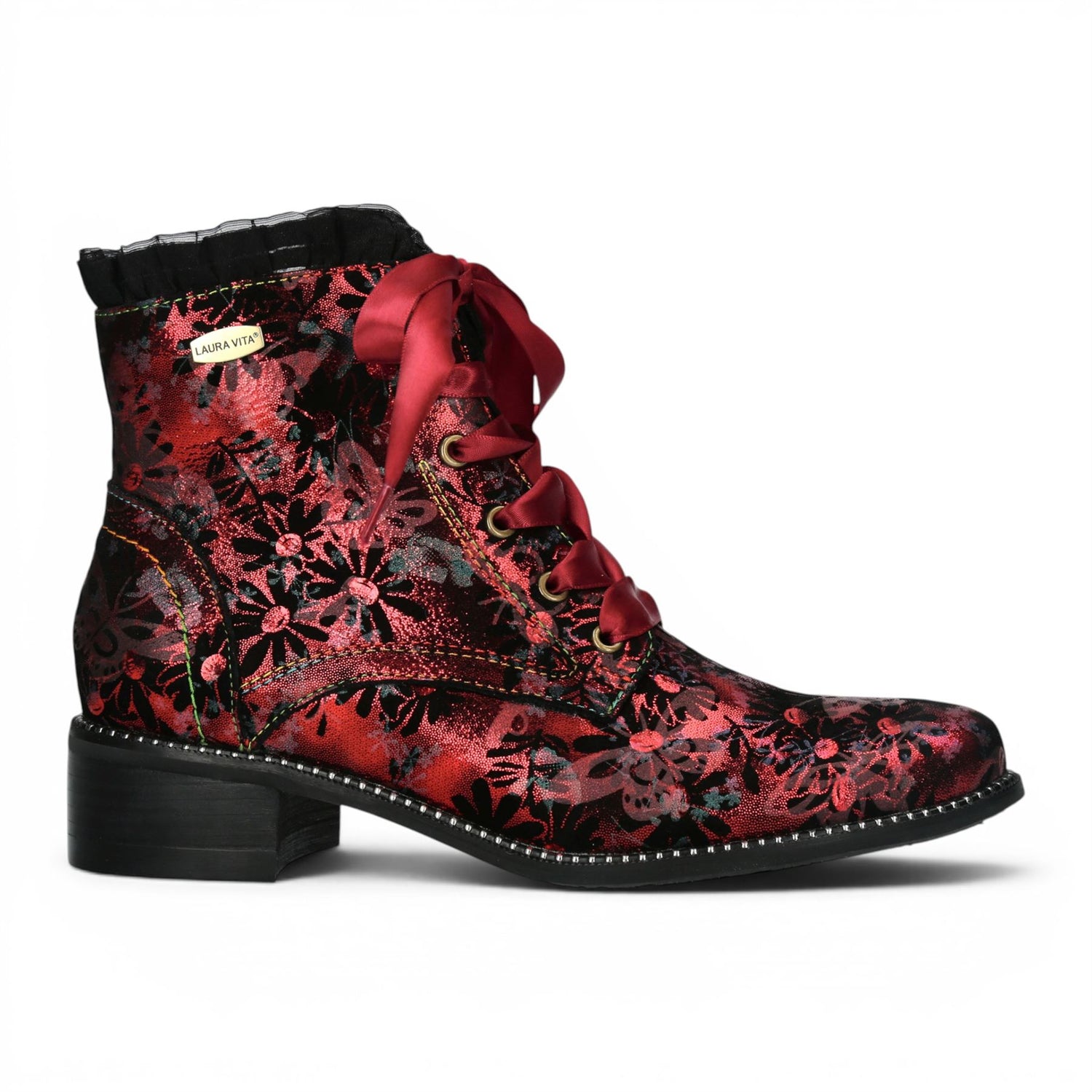 Laura Vita Floral Womens Gothic Victorian Red Leather Ankle Heeled Boots - Emcmao-45