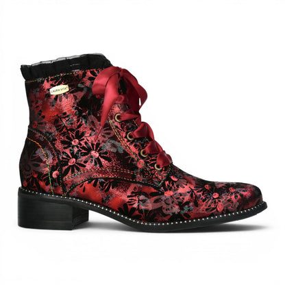 Laura Vita Floral Womens Gothic Victorian Red Leather Ankle Heeled Boots - Emcmao-45