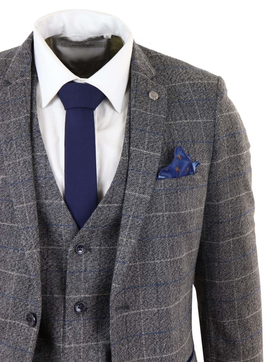 Mens 3 Piece Grey With Blue Check Vintage Classic Suit