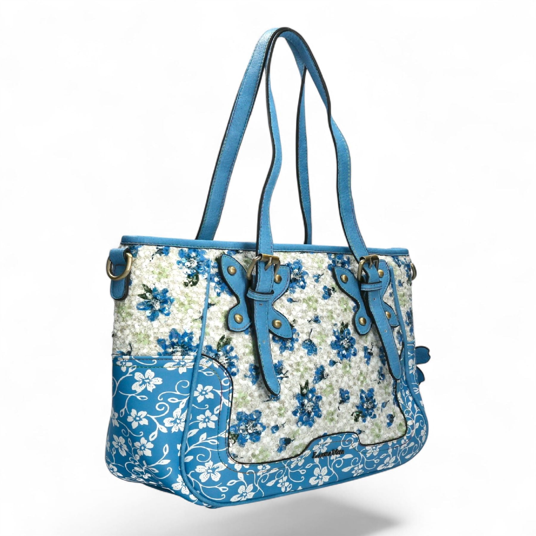 Laura Vita Aloe-02 Womens Blue Floral Print Adjustable Straps Shoulder Tote Bag