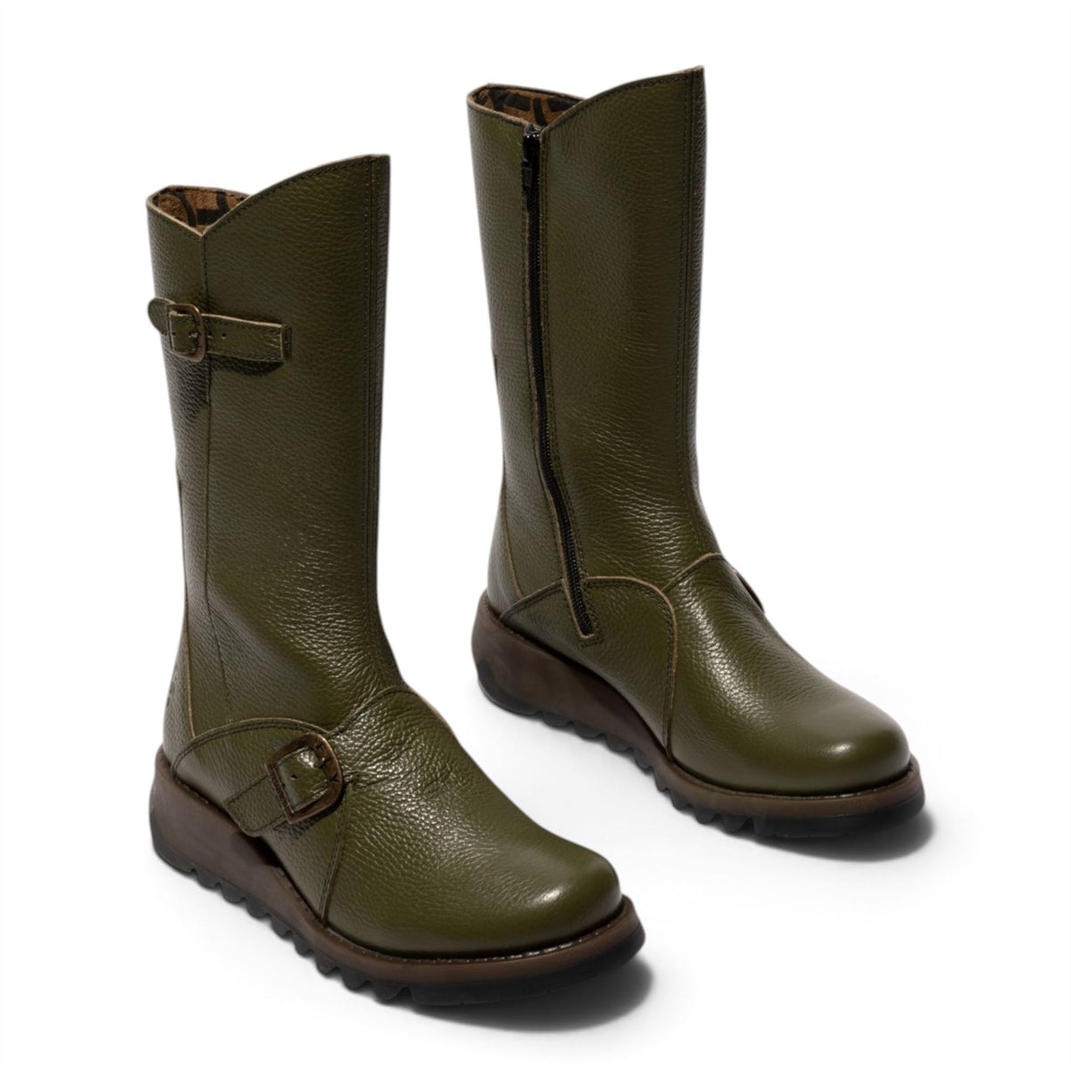Fly London Womens Military Green Leather Mid-Calf Long Boots - MES2913