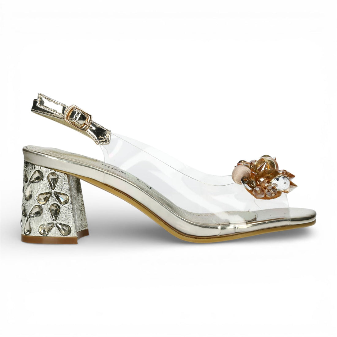 Laura Vita Women’s Clear Golden Slip-On Cinderella Block Heel Sandals - Marlene 12
