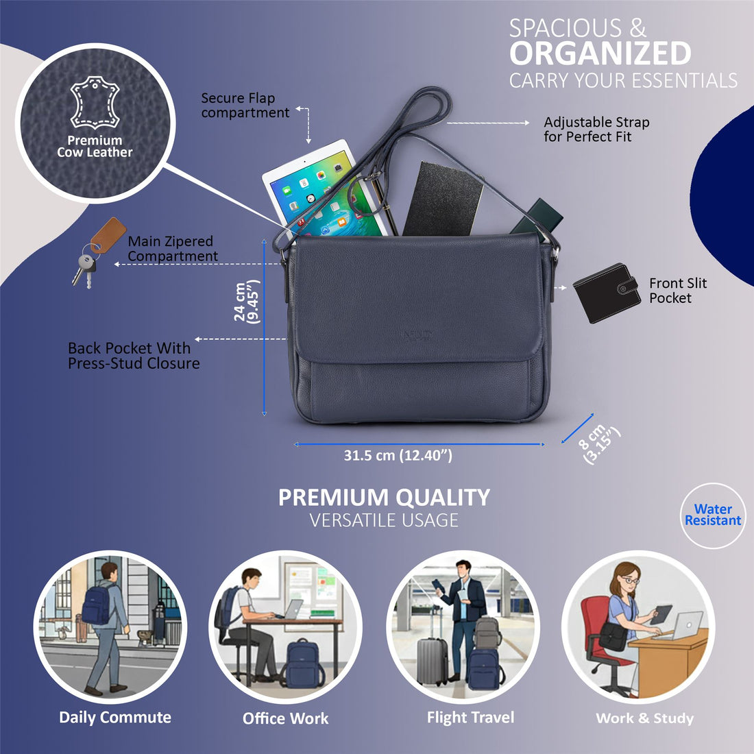 Genuine Leather Navy Laptop Bag Travel Work Messenger Satchel - Camden