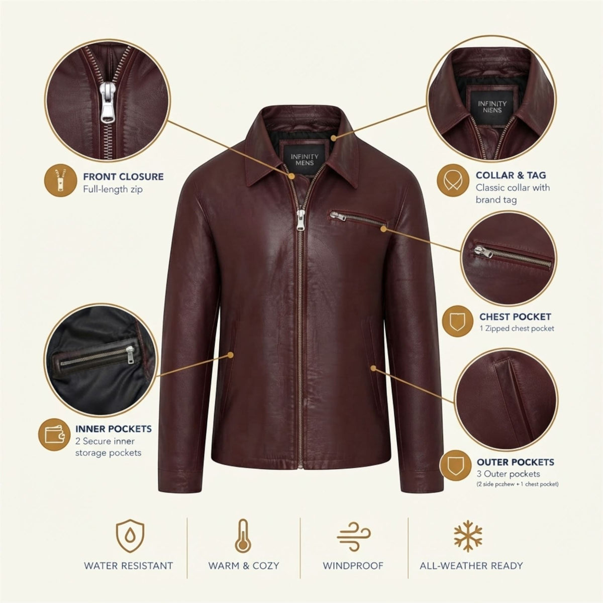 Mens Leather Harrington Collar Biker Jacket - Arick