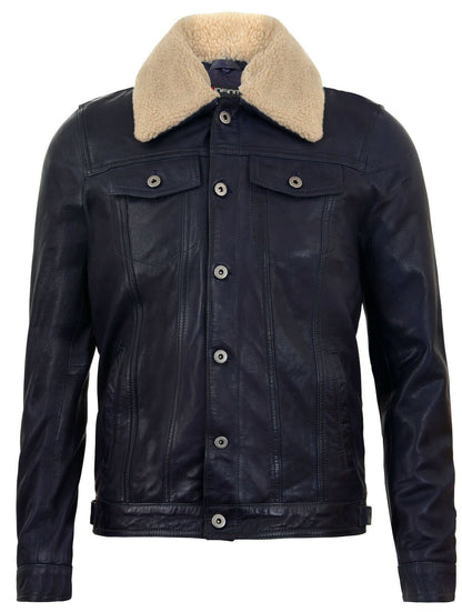 Mens Sheepskin Collar Trucker Leather Jacket-Darlington