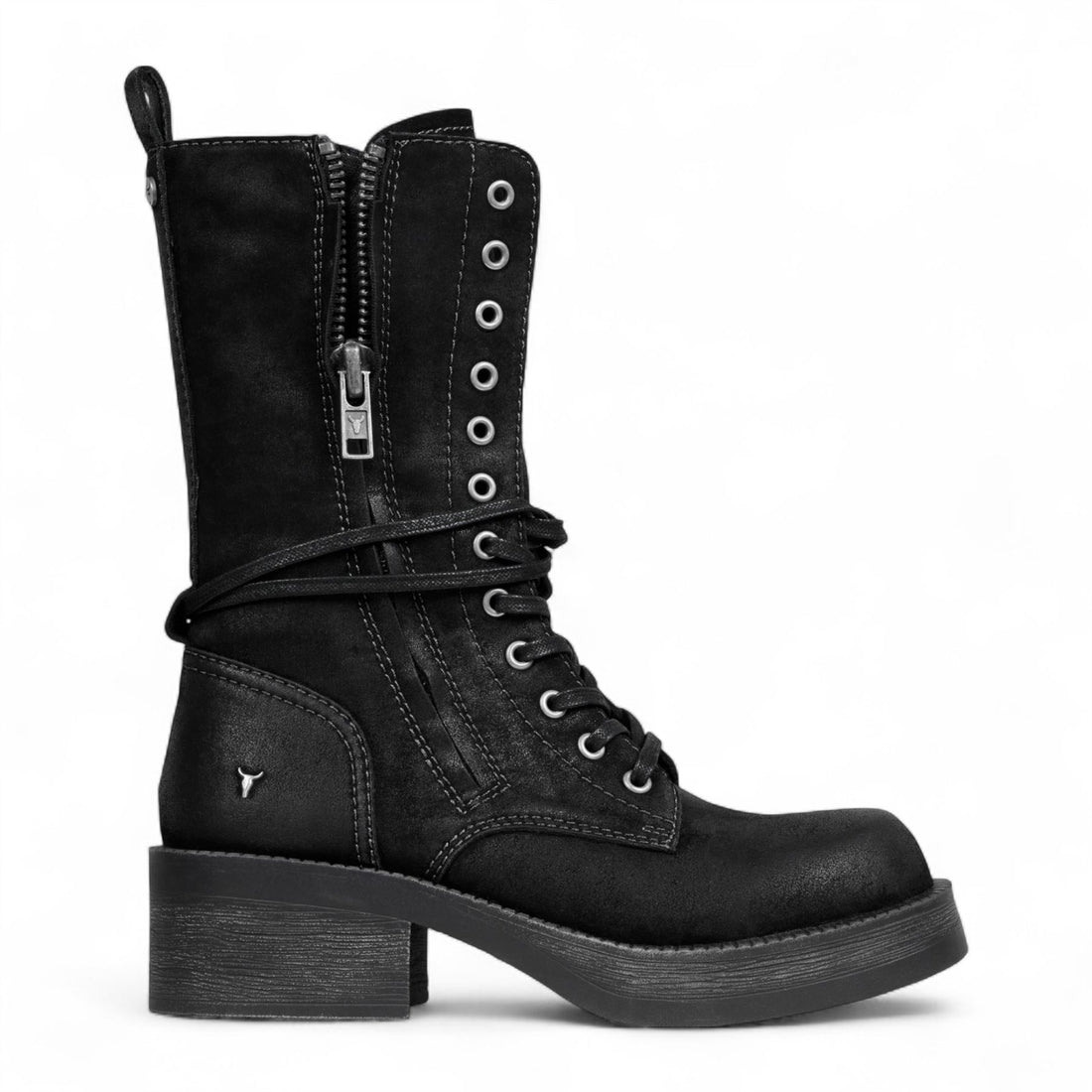 Windsorsmith Womens Black Suede Combat Boots Mid-Calf Lace-Up Biker Shoes - Gather