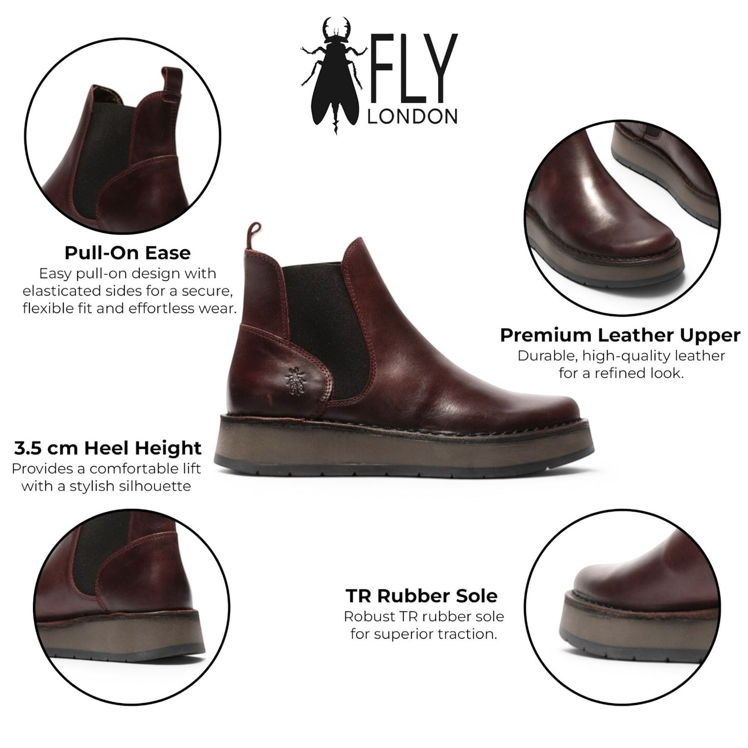 Fly London Womens Wine Chelsea Leather Ankle Boots - RAWI131