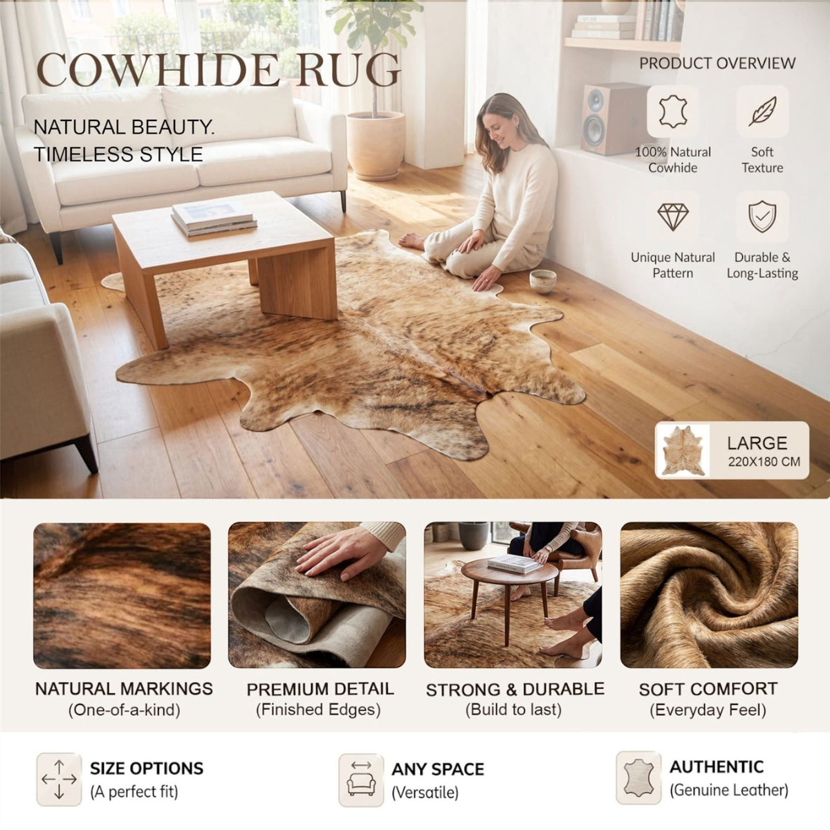 Natural Cow Leather Cowhide Hairon Rug - Light Brindle
