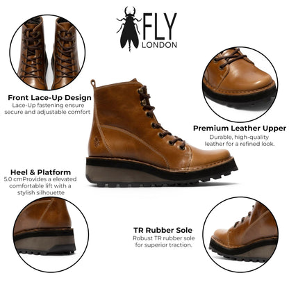 Fly London Womens Tan Leather Lace-Up Ankle Boots - HAZI147