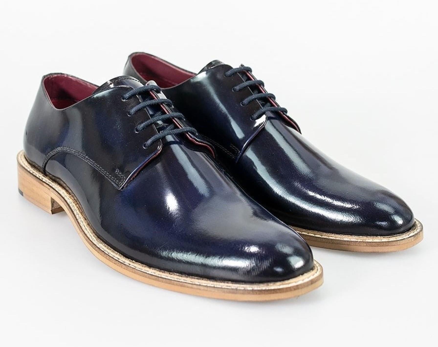 Mens Retro Oxford Brogue Derby Shoes in Navy Patent Leather