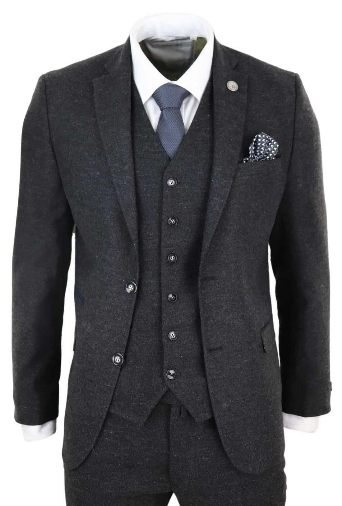 Mens 3 Piece Black Wool Tweed Vintage Retro Suit