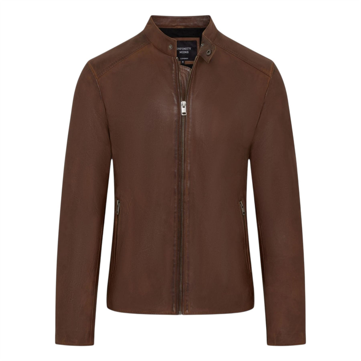 Mens Leather Stand Collar Cafe Racer Biker Jacket - E184