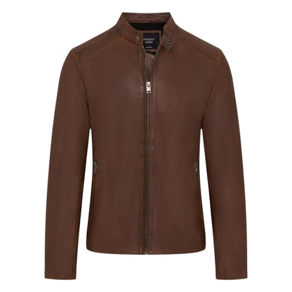 Mens Leather Stand Collar Cafe Racer Biker Jacket - E184