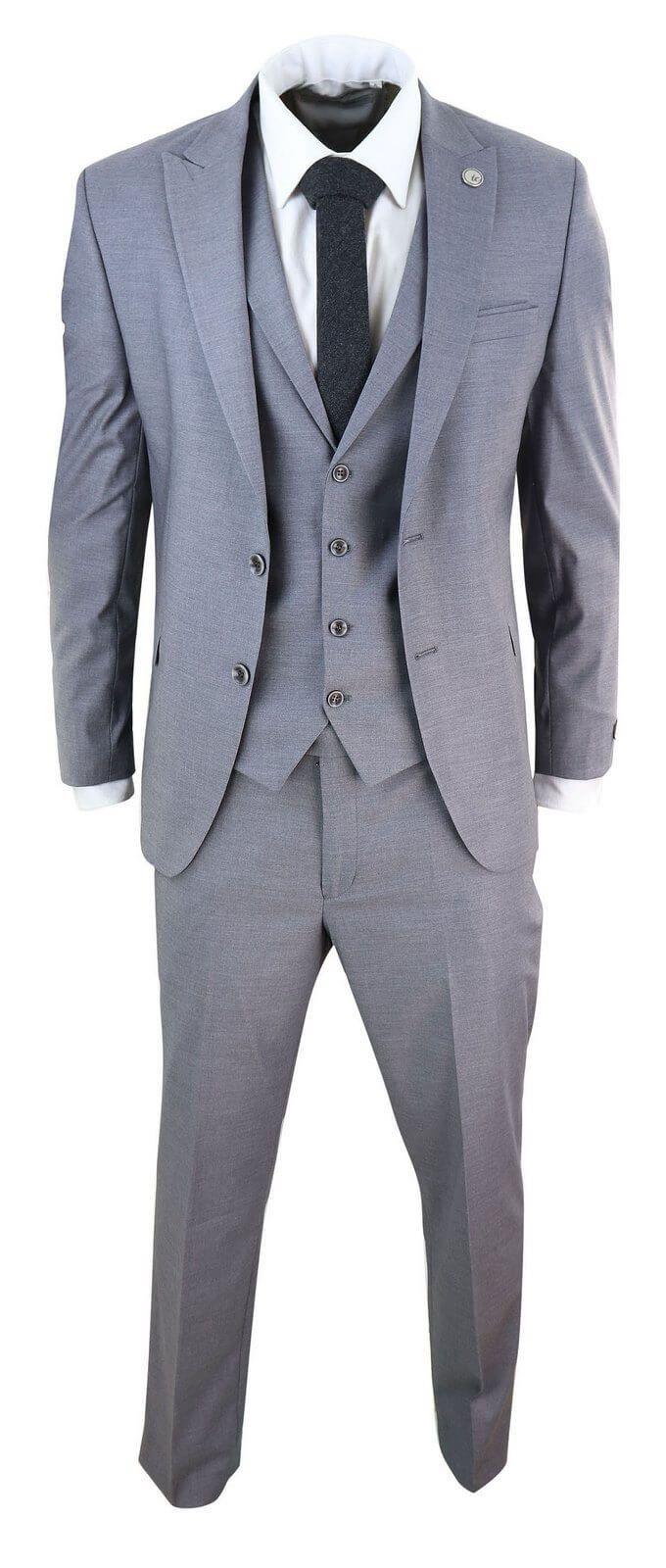 New Mens 3 Piece Suit Plain Grey Classic Tailored Fit Smart Casual 1920s Formal - Upperclass Fashions 