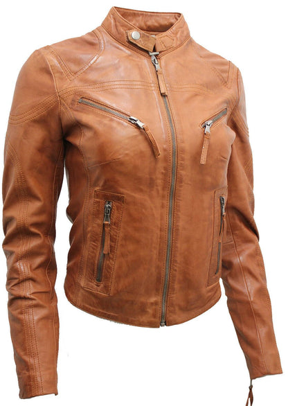 Womens Slim-Fit Leather Biker Jacket-Maldon - Upperclass Fashions 