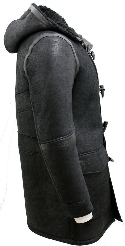 Mens Sheepskin Leather Hooded Duffle Coat-Langport