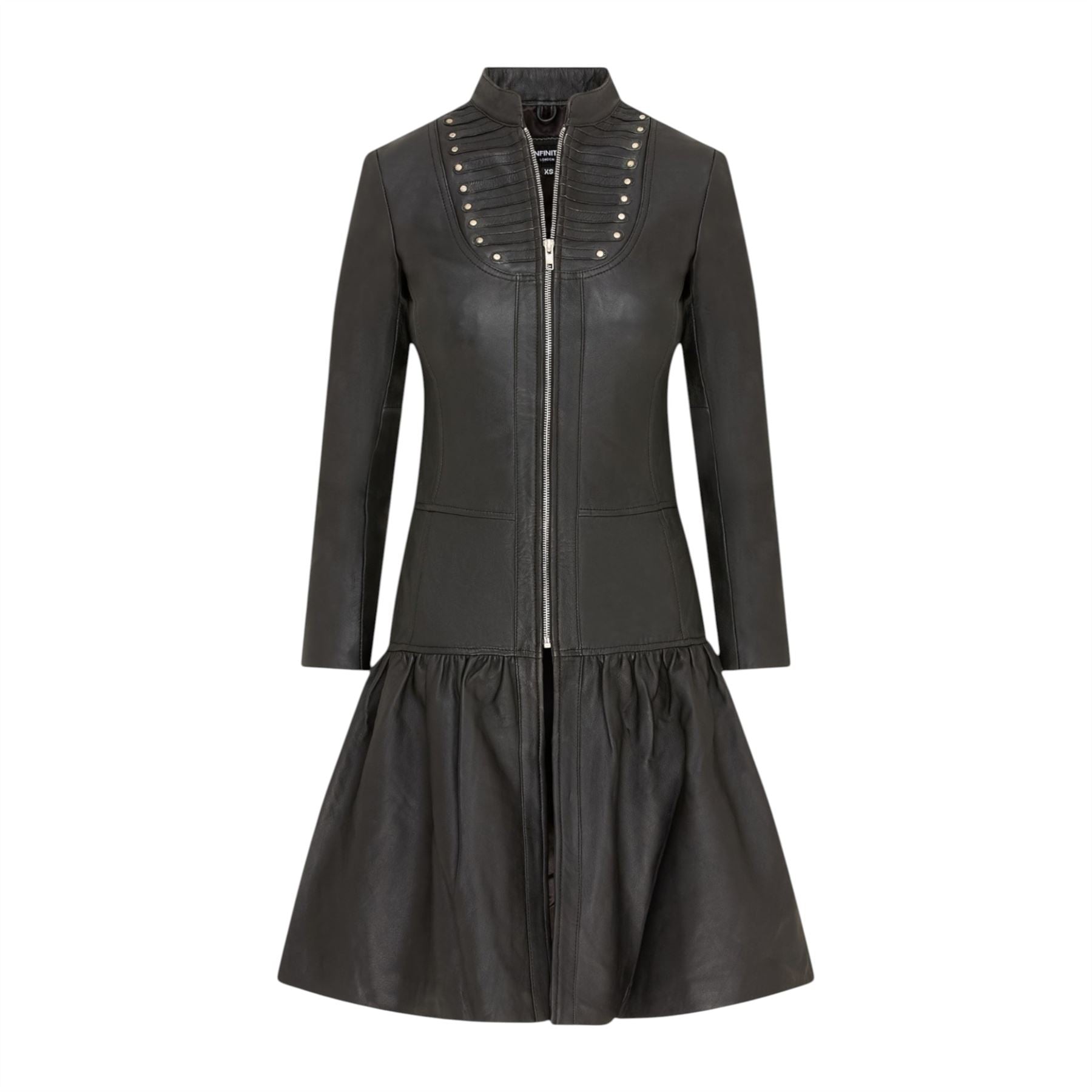 Womens Goth Leather Victorian Studded Flare Coat- Ribet