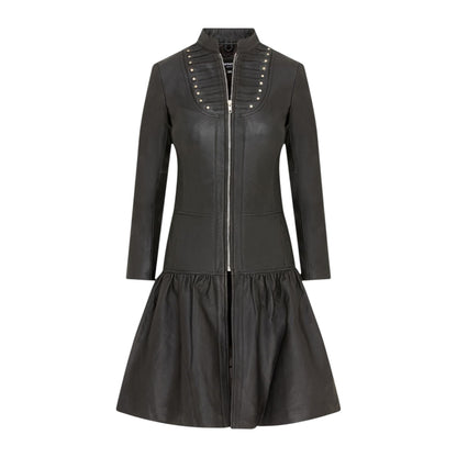 Womens Goth Leather Victorian Studded Flare Coat- Ribet