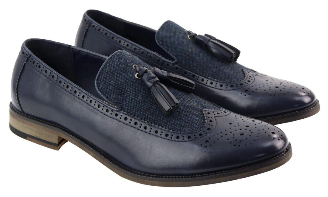Mens Tasselled Navy Leather Tweed Brogue Slip on Loafers - Upperclass Fashions 