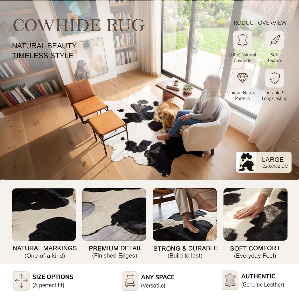 Natural Cow Leather Black White Cowhide Hairon Rug