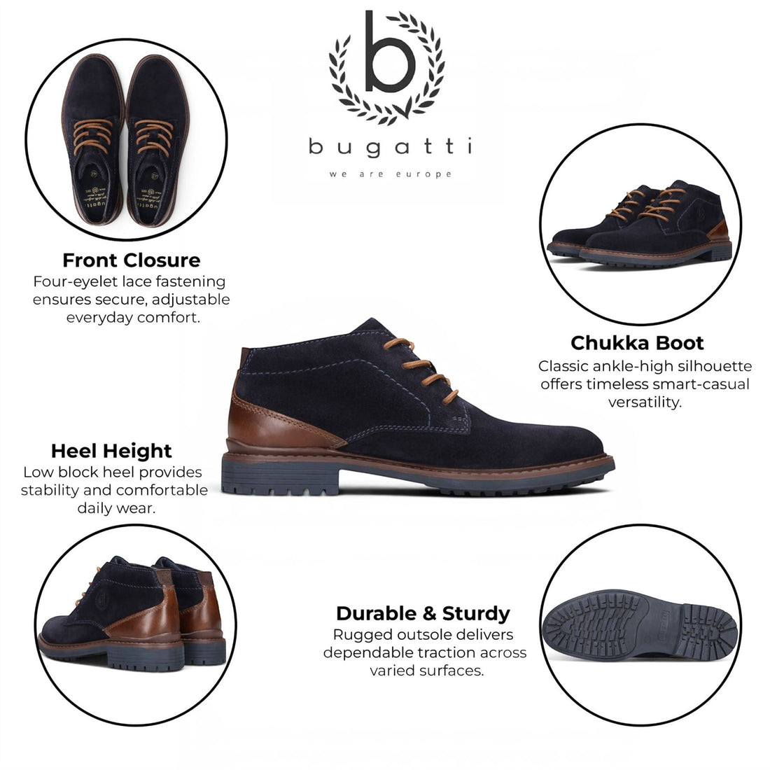 Bugatti Mens Navy Blue Suede Leather Lace-up Desert Ankle Boots - Lota