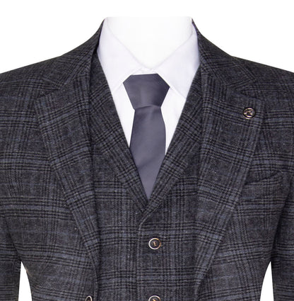 Mens Grey Check 3 Piece Tweed Suit Peaky Blinders 1920s Gatsby Tailored Fit