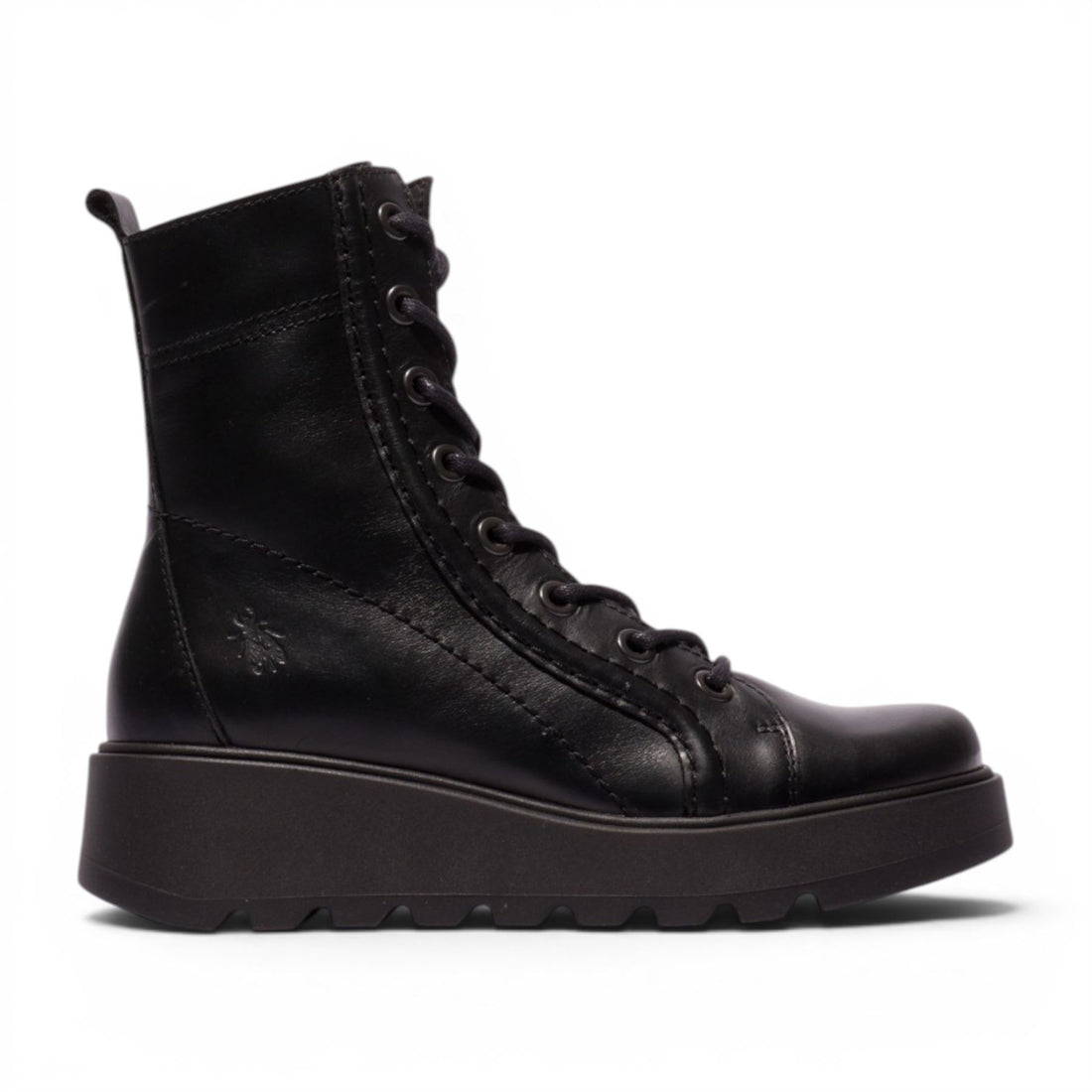 Fly London Womens Black Leather Lace-Up Wedge Heel Combat Boots - TERY554