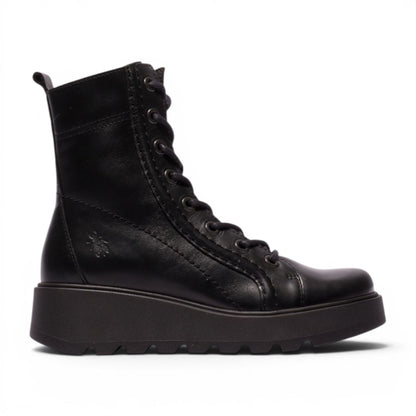 Fly London Womens Black Leather Lace-Up Wedge Heel Combat Boots - TERY554
