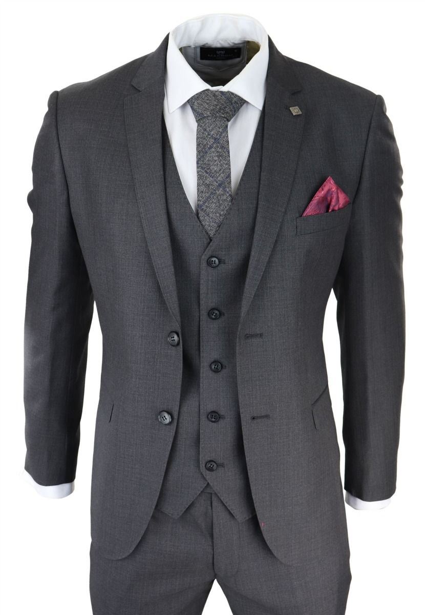 Mens 3 Piece Charcoal Grey Classic Stitch Retro Suit - Upperclass Fashions 