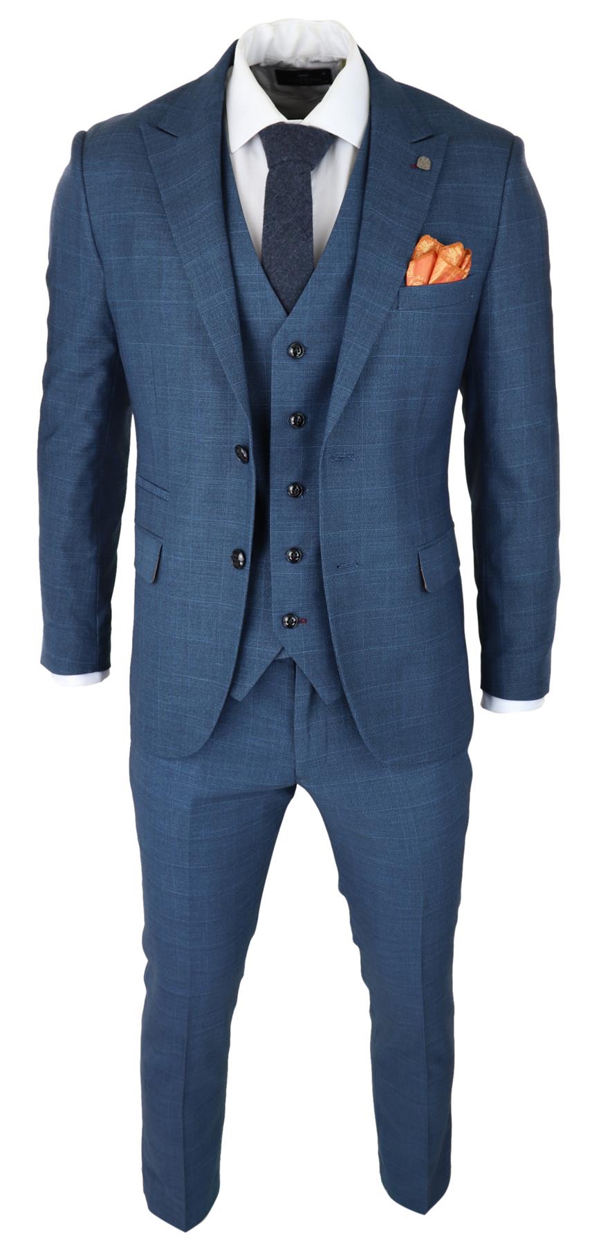 Mens 3 Piece Blue Suit Prince Of Wales Check Classic Light Tailored Fit Modern